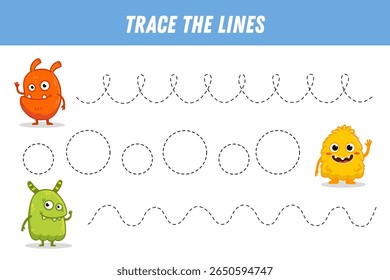 Tracing lines for kids. Cute cartoon monsters. Handwriting practice. Educational game for preschool kids. Activity page. Vector
