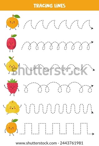 Tracing lines for kids with cute cartoon kawaii fruits. Handwriting practice.