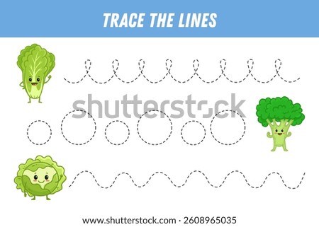  Tracing lines for kids. Cute cartoon vegetables. Broccoli, cabbage, сhinese cabbage. Handwriting practice. Educational game for preschool kids. Activity page. Vector illustration 
