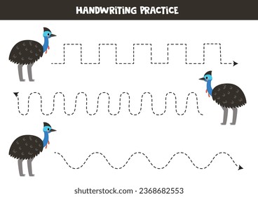 Tracing lines for kids. Cute cassowary. Handwriting practice for children.