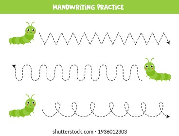 Tracing lines for kids with cute caterpillars. Handwriting practice for children.