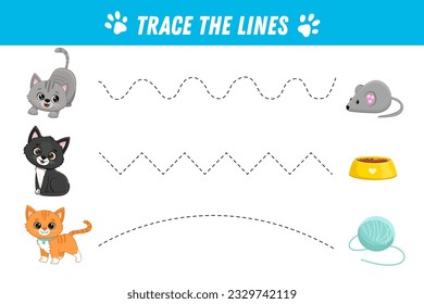 Tracing lines for kids. Cute cats. Cartoon kitten.Handwriting practice. Educational game for preschool kids. Activity page. Vector illustration. 