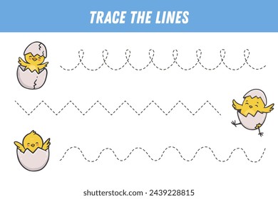 Tracing lines for kids. Cute chicken. Cartoon chick. Handwriting practice. Educational easter game for preschool kids. Activity page. Vector illustration. 