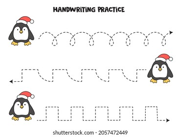 Tracing lines for kids with cute Christmas penguin. Handwriting practice.
