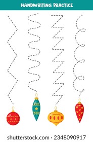 Tracing lines for kids. Cute Christmas baubles. Handwriting practice for children.