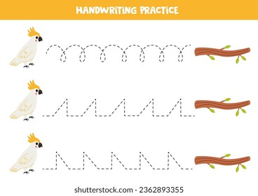 Tracing lines for kids. Cute cockatoo and tree branch. Handwriting practice for children.