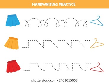 Tracing lines for kids. Cute colorful skirts and hangers. Handwriting practice for children.