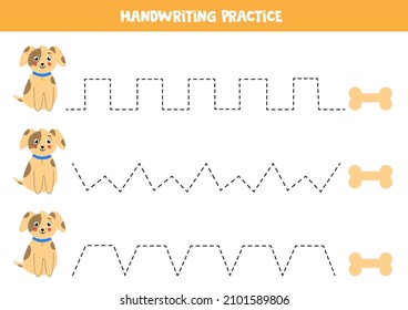 Tracing lines for kids with cute dogs and bones. Handwriting practice.