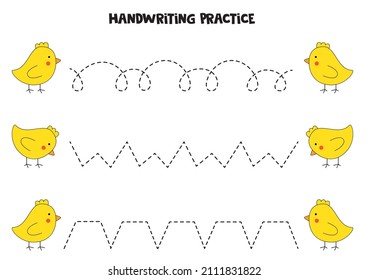 Líneas de seguimiento para niños con lindas gallinas de Pascua. Práctica de escritura a mano.