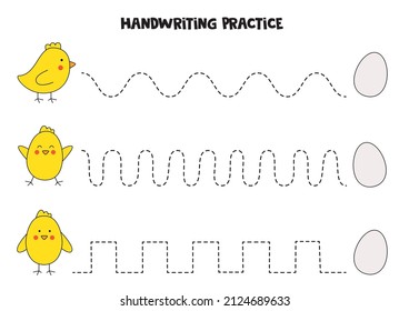 Tracing lines for kids with cute Easter chicks. Handwriting practice.