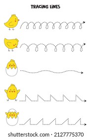 Tracing lines for kids with cute Easter chicks. Handwriting practice.