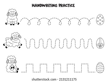 Tracing lines for kids with cute Easter lambs. Handwriting practice.