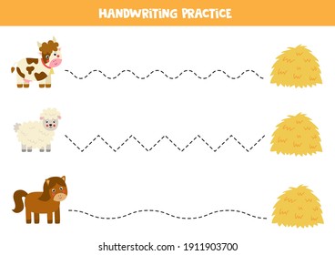 Tracing lines for kids with cute farm animals and hay stack. Handwriting practice for children.