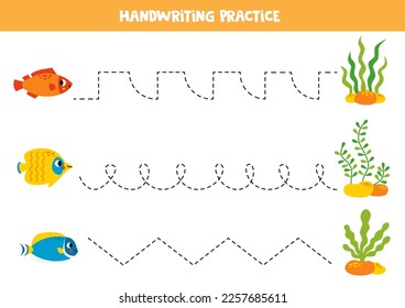 Tracing lines for kids. Cute fish. Handwriting practice for children.