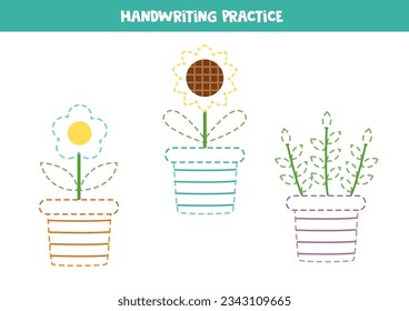 Tracing lines for kids. Cute flowers in pots. Handwriting practice for children.