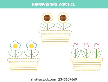 Tracing lines for kids. Cute flowers in pots. Handwriting practice for children.