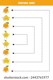 Tracing lines for kids. Cute fruits. Writing practice.