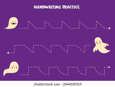 Rastreo de líneas para niños con fantasmas lindos sobre fondo morado. Práctica de escritura a mano.