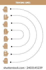 Tracing lines for kids. Cute gingerbread mittens. Handwriting practice for children.