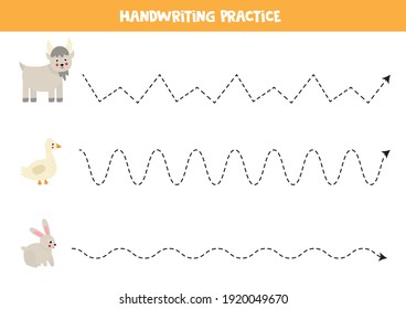 Tracing lines for kids with cute goat, rabbit and goose. Handwriting practice for children.