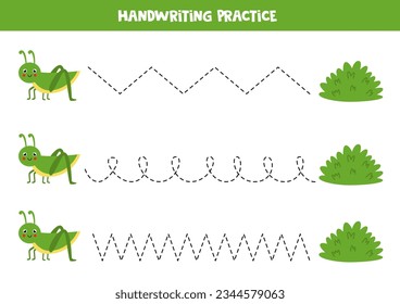 Tracing lines for kids. Cute grasshopper and bush. Handwriting practice for children.