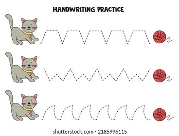 Tracing lines for kids with cute gray kitten. Handwriting practice.