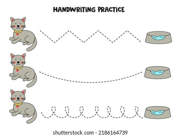Tracing lines for kids with cute gray kitten. Handwriting practice.