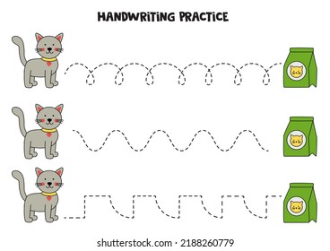 Tracing lines for kids with cute gray kitten and cat food. Handwriting practice.