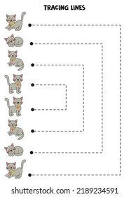 Rastreo de líneas para niños con gatos grises adorables. Práctica de escritura a mano.