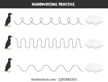 Tracing lines for kids. Cute guillemot and ice berg. Handwriting practice for children.