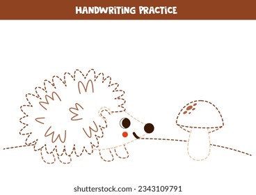 Tracing lines for kids. Cute hedgehog and mushroom. Handwriting practice for children.