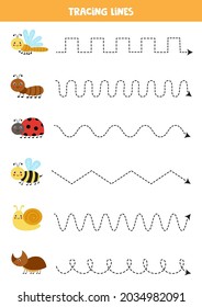 Tracing lines for kids with cute insects. Handwriting practice.
