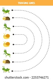 Tracing lines for kids. Cute insects. Handwriting practice for children.