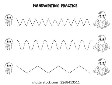 Tracing lines for kids with cute jelly fish and octopus. Black and white worksheet.