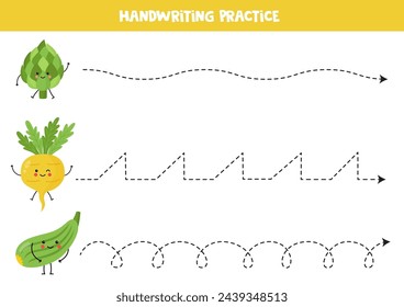 Tracing lines for kids. Cute kawaii vegetables with legs. Handwriting practice for children.
