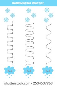 Líneas de trazado para niños. Lindas nubes kawaii y copos de nieve. Práctica de escritura a mano para niños.