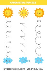Tracing lines for kids. Cute kawaii suns and clouds. Handwriting practice for children.
