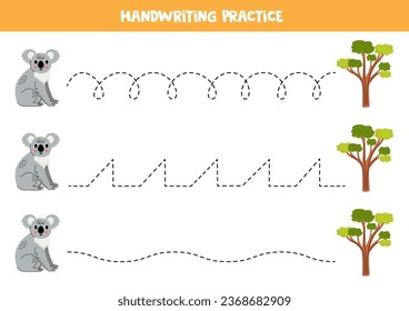 Tracing lines for kids. Cute koala and eucalyptus. Handwriting practice for children.