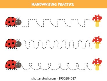 Tracing lines for kids with cute ladybug and mushrooms. Handwriting practice for children.