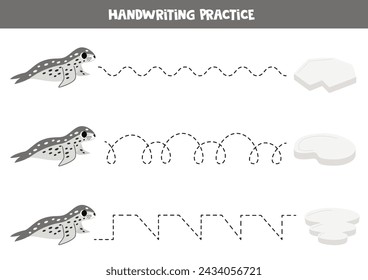 Tracing lines for kids. Cute leopard seal. Handwriting practice for children.