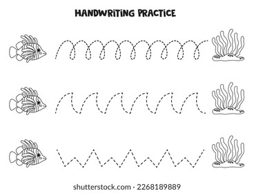 Tracing lines for kids with cute lionfish and seaweed. Black and white worksheet.