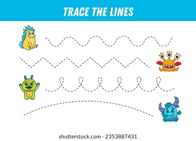 Tracing lines for kids. Cute monster. Cartoon monsters. Handwriting practice. Educational game for preschool kids. Activity page. Vector