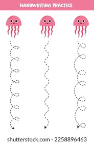 Tracing lines for kids. Cute pink jelly fish. Handwriting practice for children.