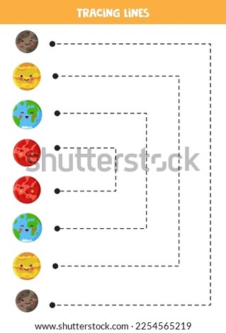 Tracing lines for kids. Cute planets. Handwriting practice for children.