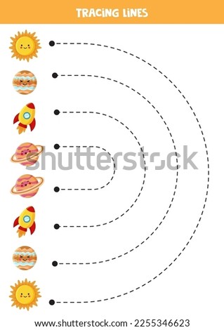 Tracing lines for kids. Cute planets. Handwriting practice for children.