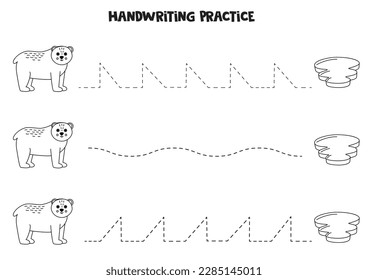 Tracing lines for kids with cute polar bear and ice berg. Black and white worksheet.