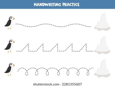 Tracing lines for kids. Cute puffin and ice berg. Handwriting practice for children.