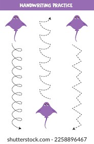 Tracing lines for kids. Cute purple stingray. Handwriting practice for children.