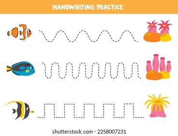 Tracing lines for kids. Cute reef fish. Handwriting practice for children.