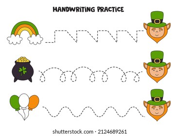 Tracing lines for kids with cute Saint Patrick day elements. Handwriting practice.